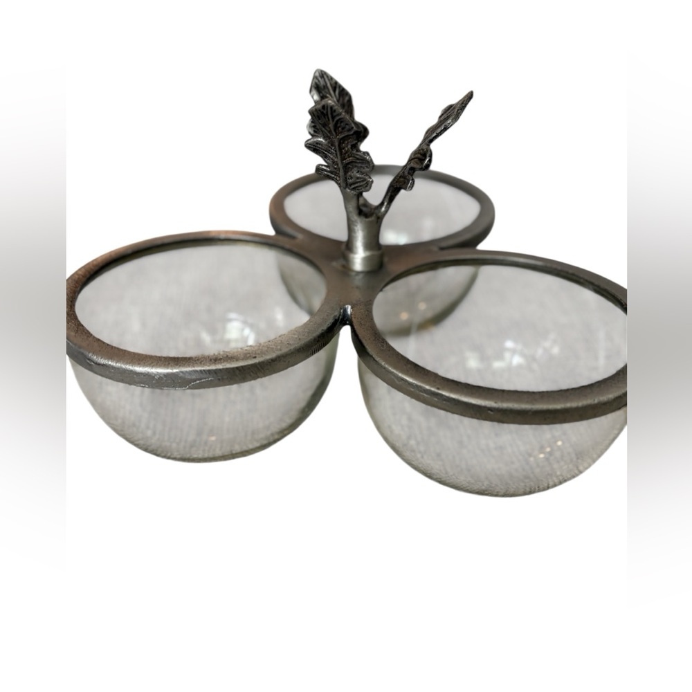 Vintage Triple Condiment Dish 3 Section Glass Relish Server Pewter Tone Handle